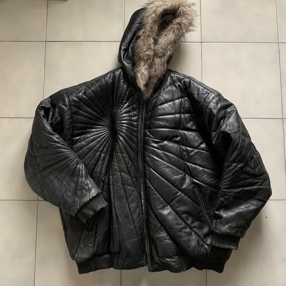 Leather hooded jacket